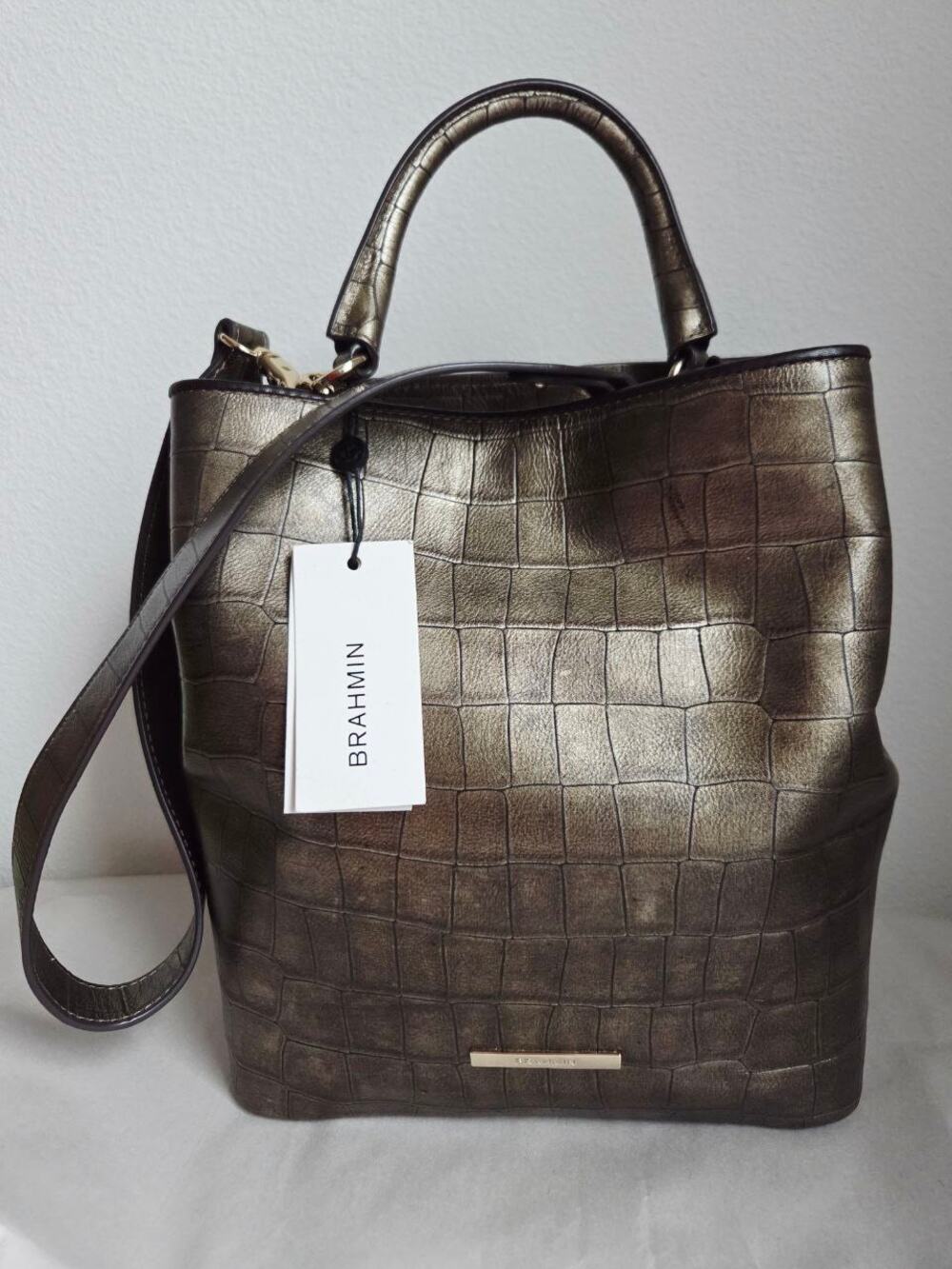 Brahmin Amelia Bronze Templo Bucket Satchel NWT Croc Embossed Leather Metallic